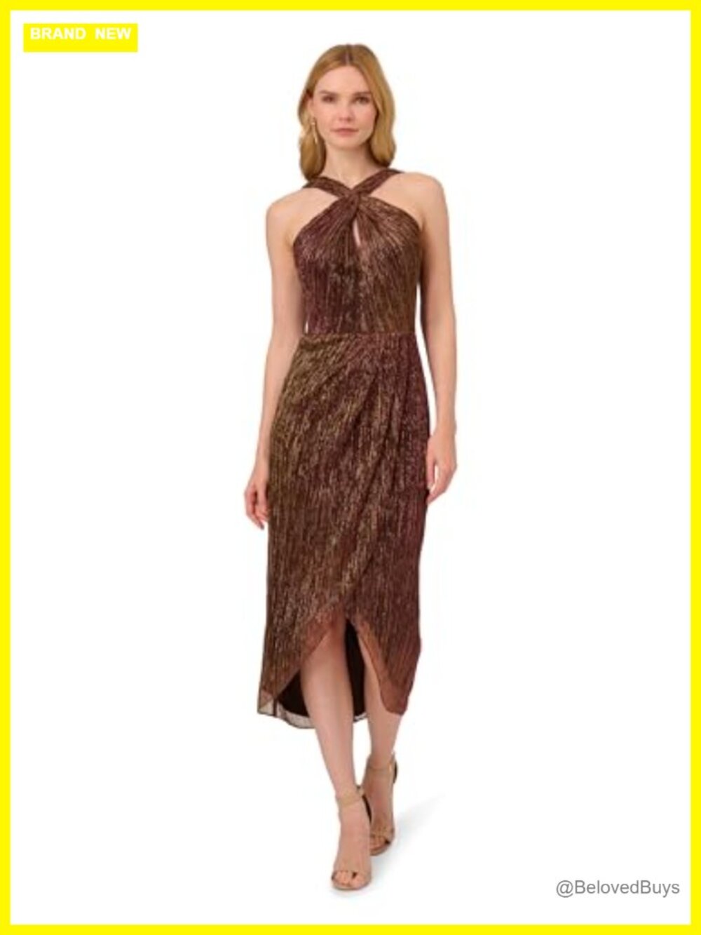Halter Crinkle Metallic Midi Dress Sleeveless Cocktail Party